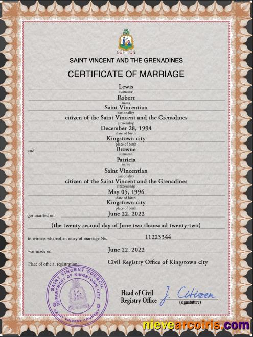 Saint Vincent and the Grenadines marriage certificate